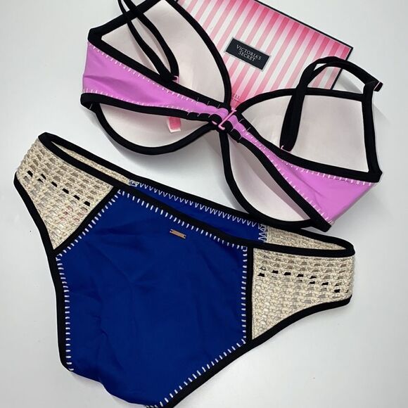 🔥🏖VICTORIA SECRET  swimsuit The Fabulous/The strappy cheeky  blue/purple New - Picture 7 of 7